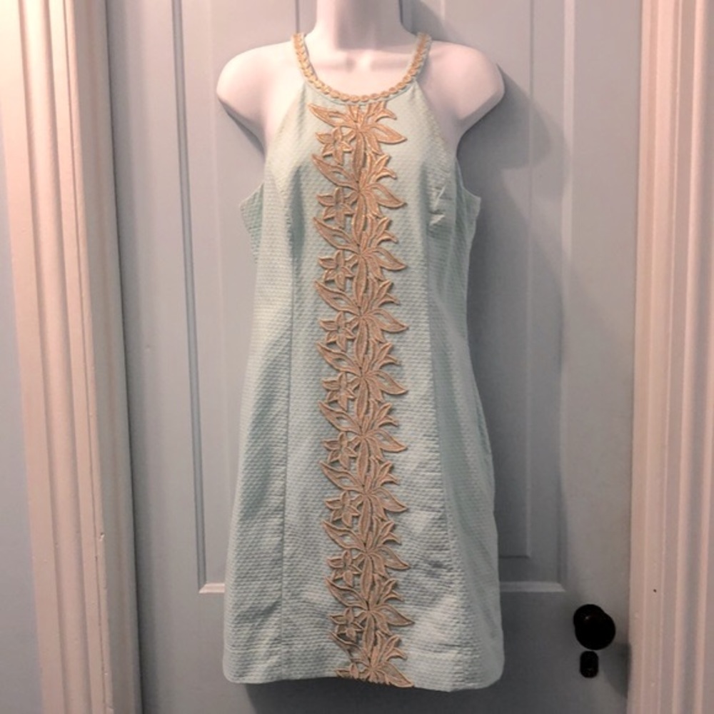 Lilly Pulitzer halter style shift dress light turquoise with gold trim